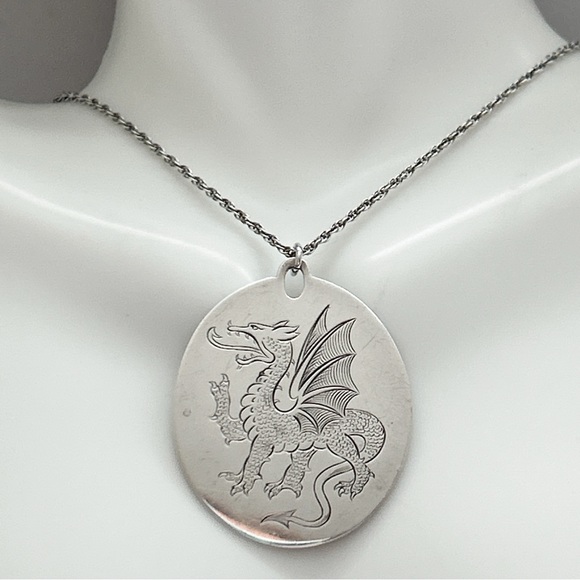 Statement Engraved Dragon Signed Sterling Silver Necklace - Picture 1 of 10